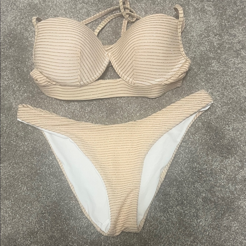 PInk w Rose gold glitter Striped Bikini Set